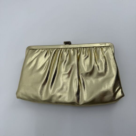 Vintage Unbranded Gold Metallic Shiny Clutch Bag Evening Formal Buckle Satin - Picture 5 of 10
